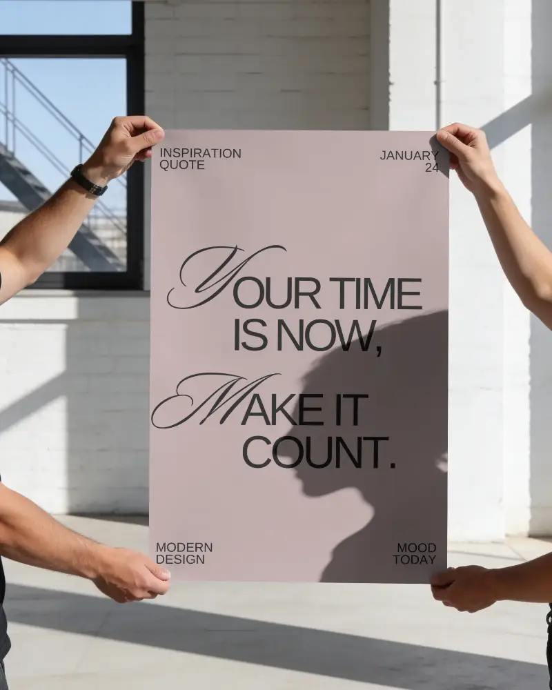 Blank Poster Mockup Held By Two People Featuring Shadow Profile On Smooth Background
