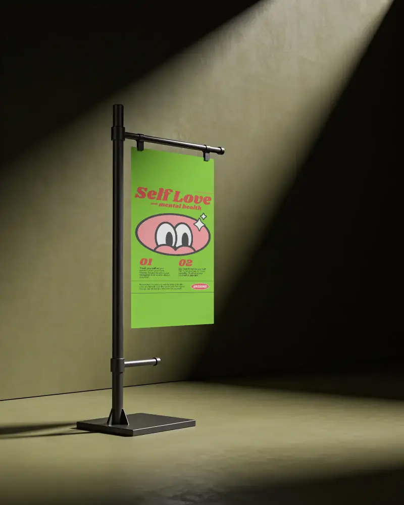 Vertical Blank Hanging Poster Mockup On Metal Stand With Spotlight Shadowed Background