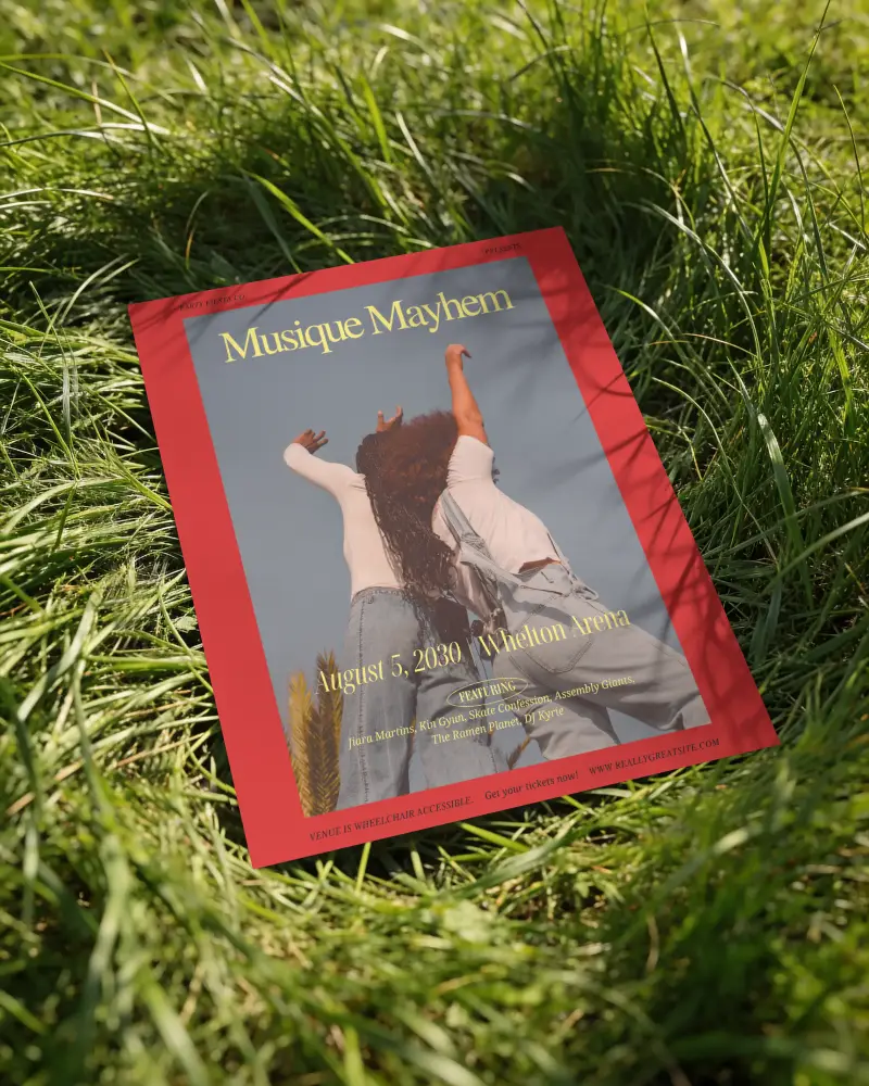 Realistic Paper Poster Mockup Laying On Fresh Green Grass Outdoor Setting With Soft Shadows