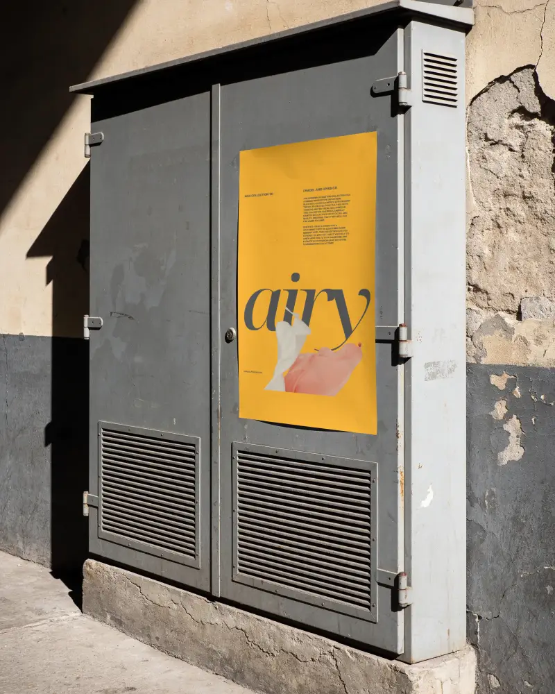 Realistic Urban Poster Mockup On Metal Cabinet With Worn Wall Background