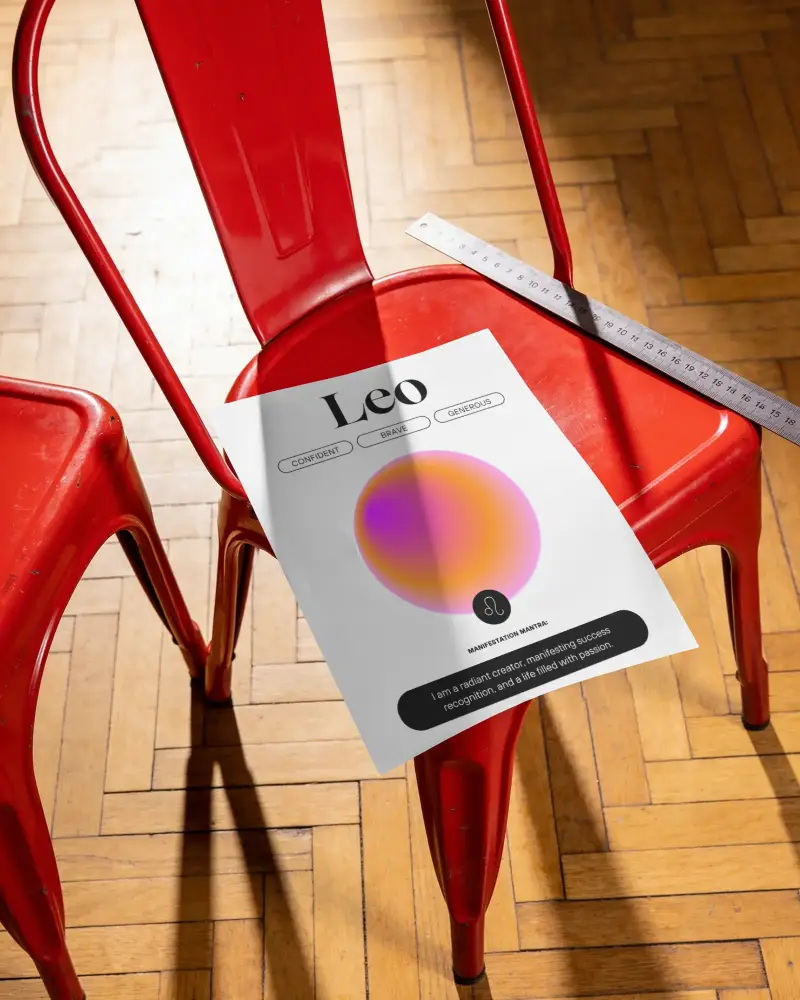 Minimalist Poster Mockup On Chair With Checkerboard Wooden Floor Background And Ruler