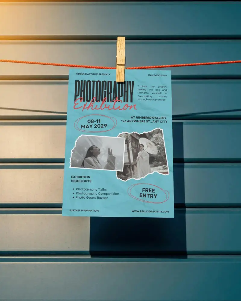 Paper Poster Mockup Hanging On Clothespin Against Striped Wall Texture