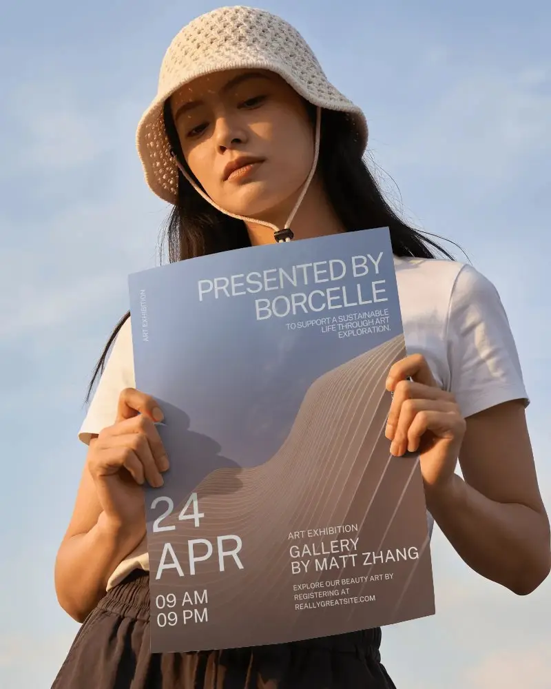 Woman Holding Poster Outdoor Mockup Sky Background Blue Clear Daylight
