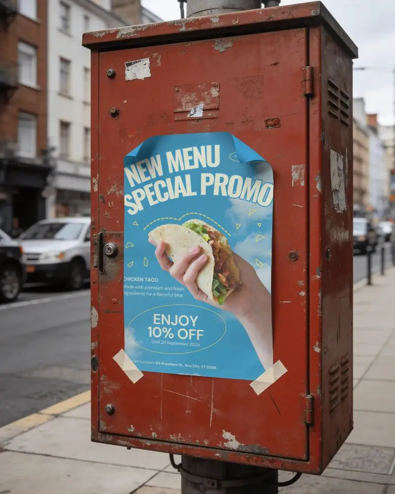 Urban Street Electric Box With Peeling Poster Mockup For Graffiti Display