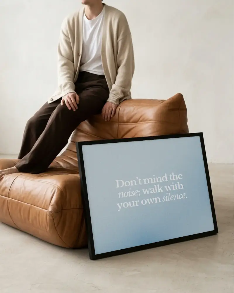 Modern Minimalist Room Poster Mockup With Cozy Seated Person And Leather Sofa