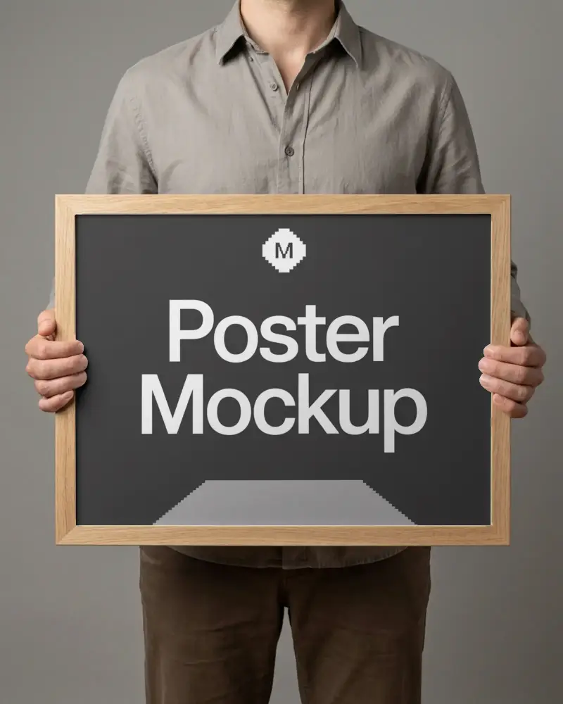 Man Holding Blank Poster Frame Mockup For Creative Display And Design Presentation