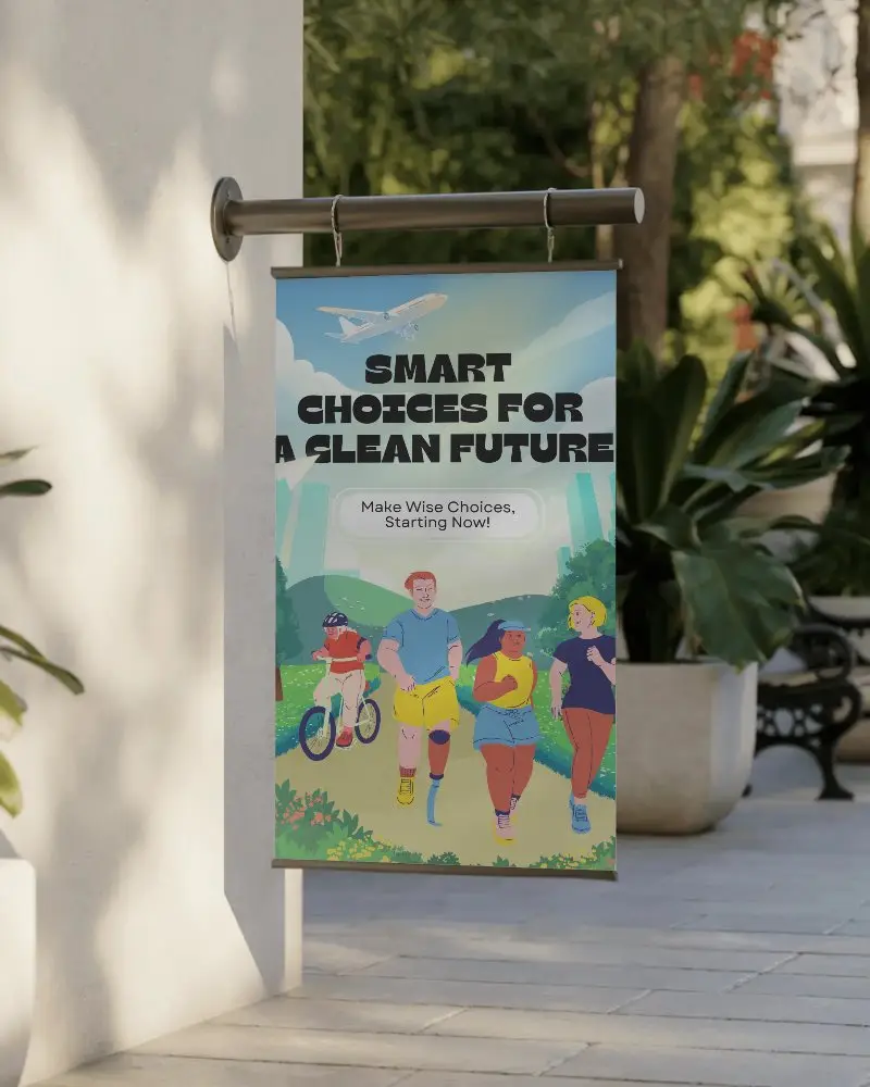 Outdoor Wall Mounted Poster Mockup Hanging On Metal Rod In Sunny Courtyard With Greenery And Modern Planters