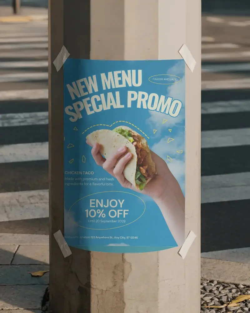 Vertical Street Poster Mockup Attached With Tape On Light Pole In Outdoor Sidewalk Environment