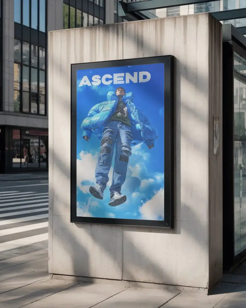 Framed Street Poster Mockup On Concrete Structure In Modern Cityscape With Daylight And Shadows