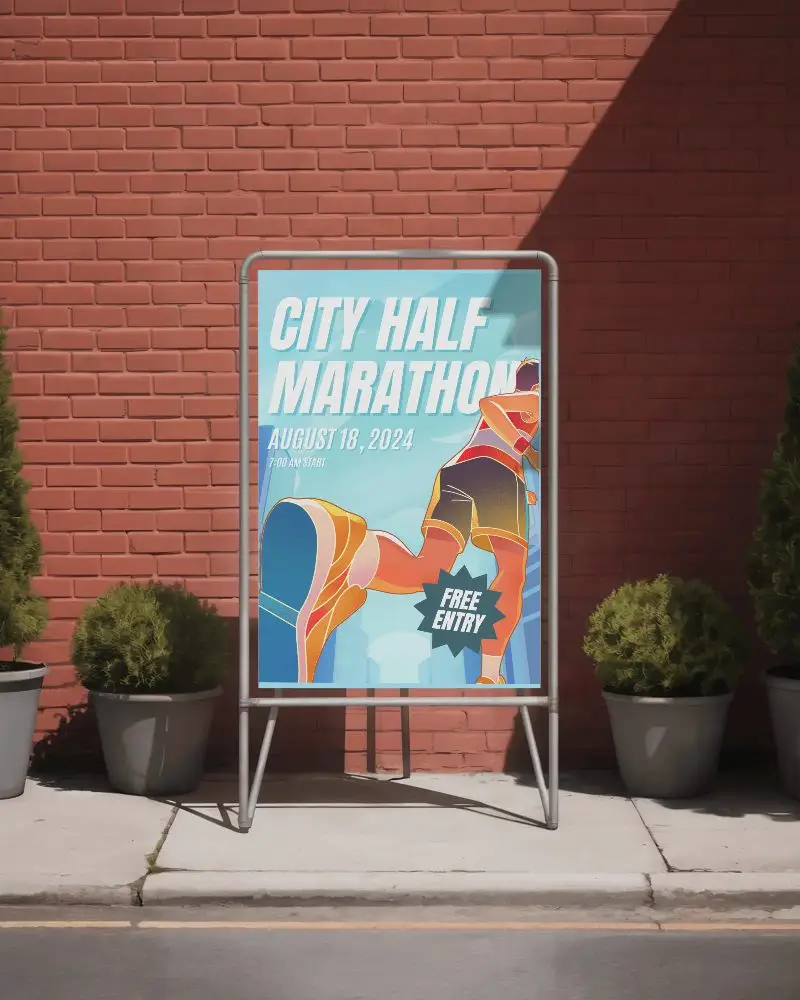 Freestanding Outdoor Poster Mockup With Metal Frame In Front Of Red Brick Wall And Potted Plants