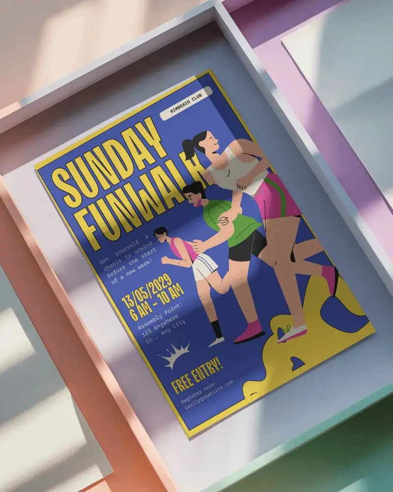 Pastel Themed Poster Mockup In Colorful Compartmental Frame With Soft Sunlight And Shadow Play