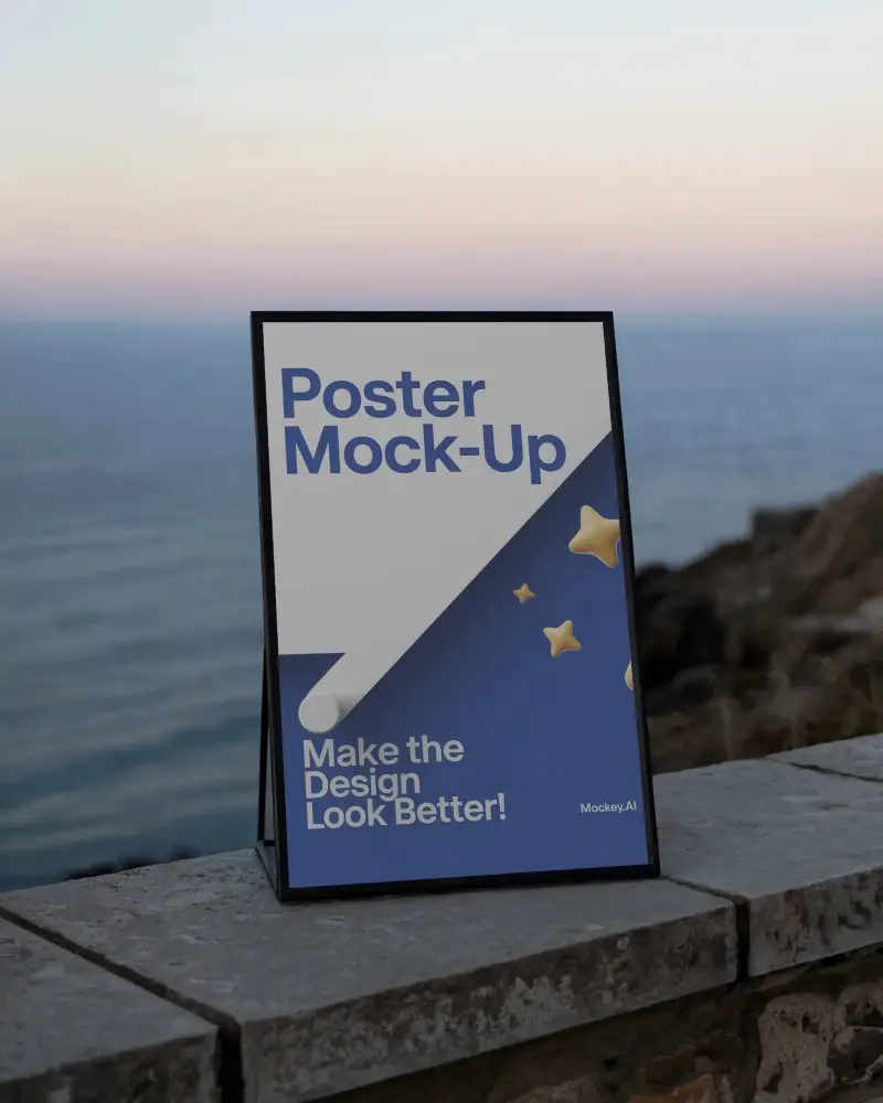 modern-frame-poster-mockup-standing-on-stone-wall-with-ocean-background