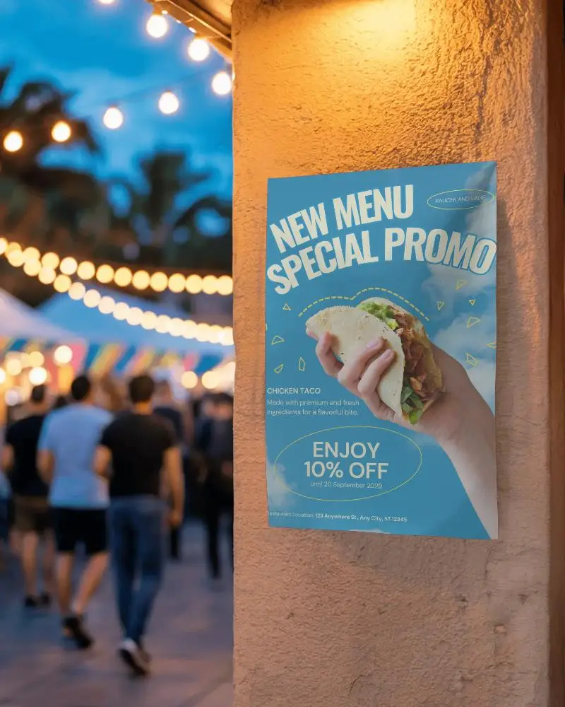 Urban Event Poster Mockup On Textured Wall With Festival Lights And Crowd Background