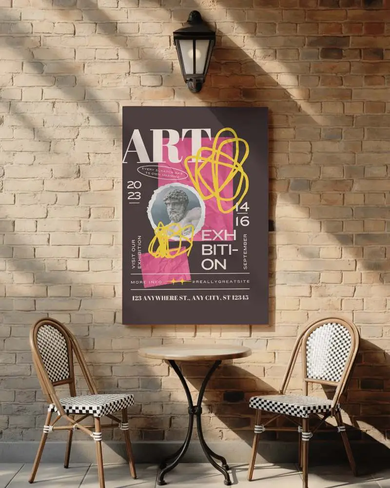 Rustic Brick Wall Cafe Scene With Checkered Chairs And Round Table With Poster Mockup