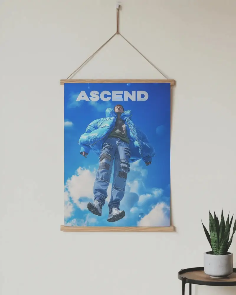 Blank Wall Poster Frame Mockup With Natural Wood Hanger And Small Plant Decor On Side