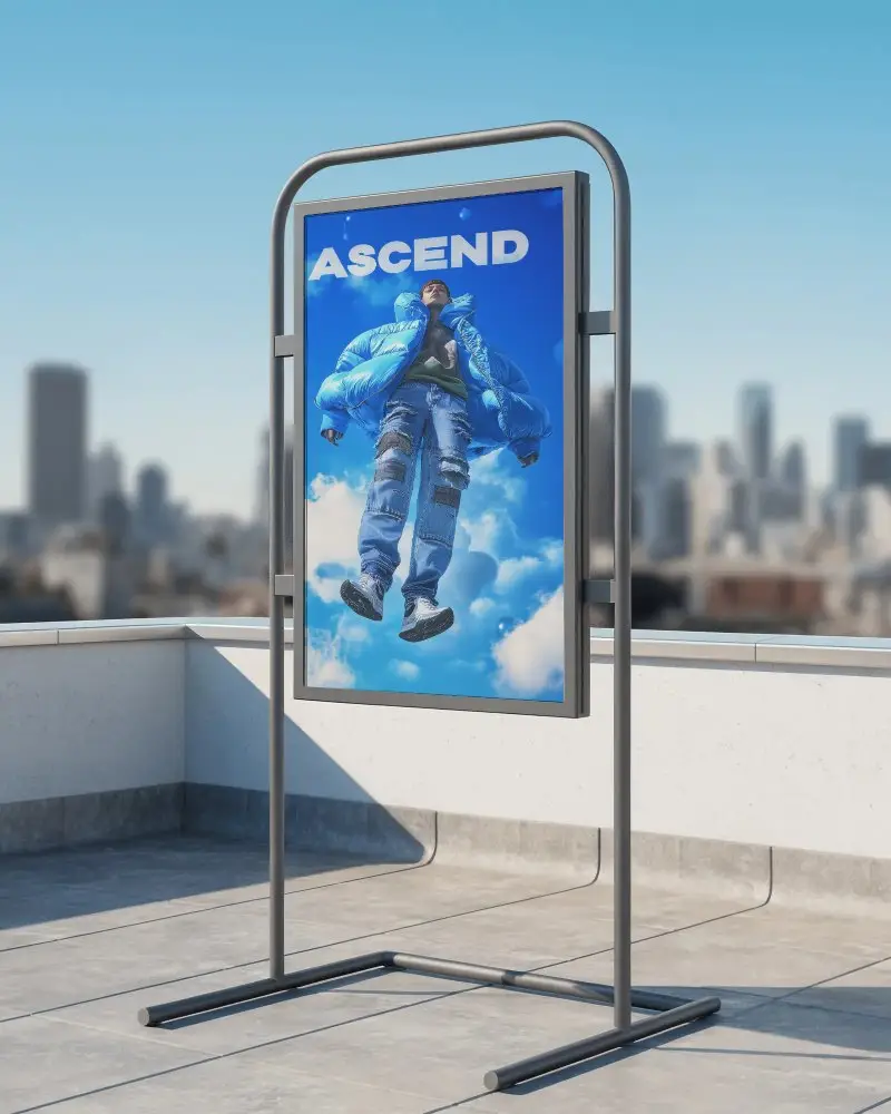 Rooftop Cityscape Poster Stand Mockup With Modern Metal Frame And Soft Daylight Urban Background