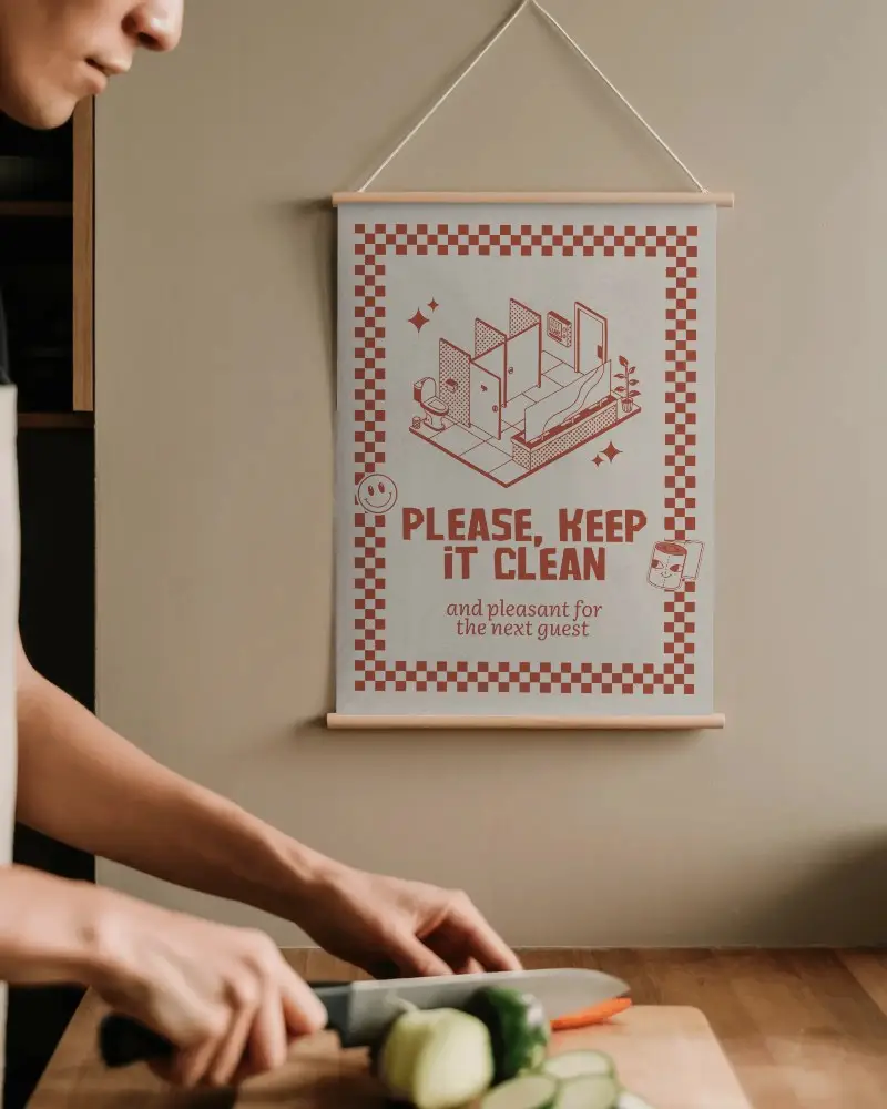 Kitchen Wall Hanging Poster Mockup With Wooden Frame And Cooking Scene With Natural Light