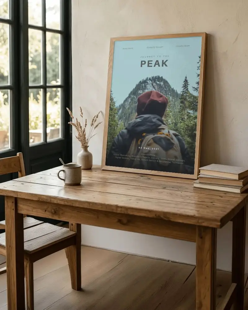 Cozy Home Interior Poster Mockup Leaning On Wooden Table With Books And Mug