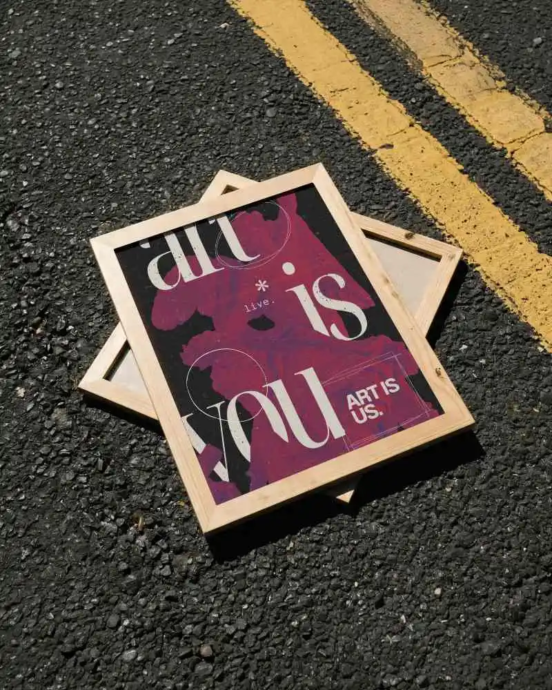 Street Asphalt Poster Frame Mockup Lying On Road With Yellow Line Marking