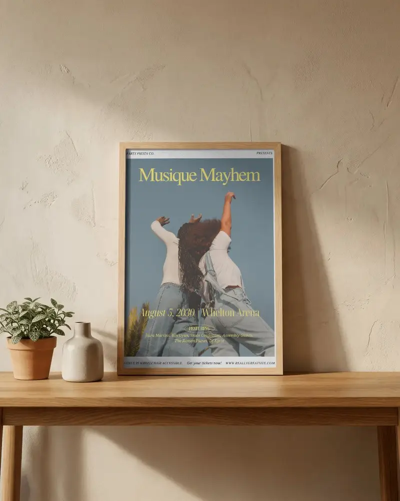 Minimal Wooden Table Poster Frame Mockup With Neutral Textured Wall Background