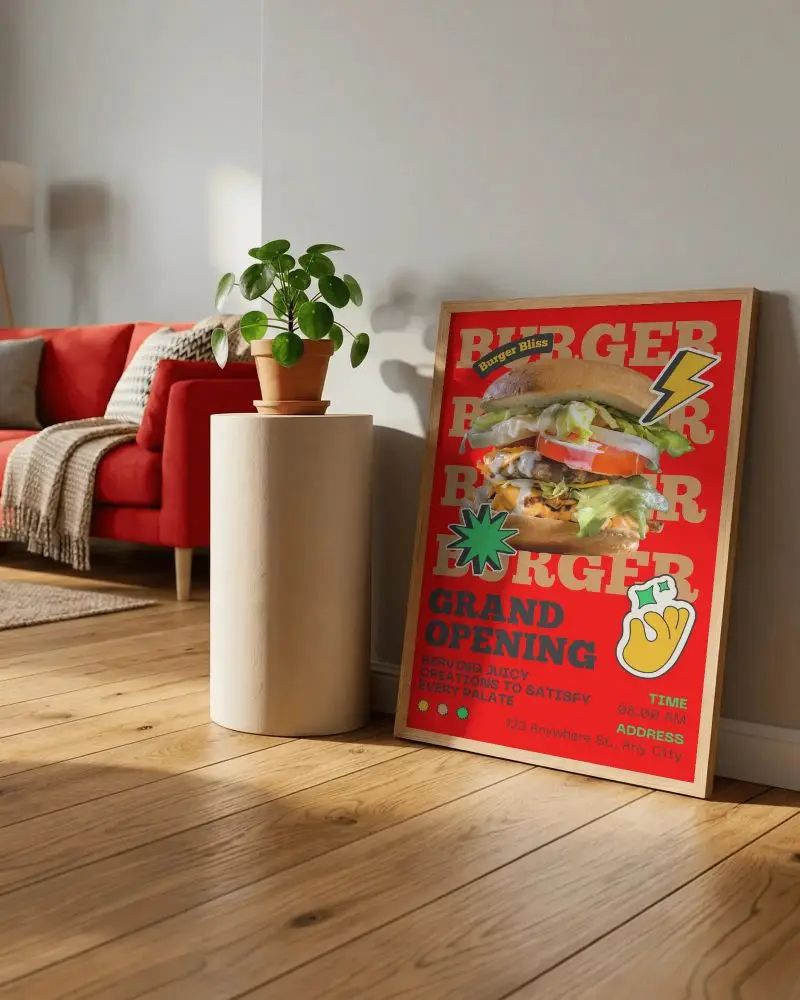 Cozy Living Room Floor Poster Frame Mockup Leaning Against Wall With Plant Stand