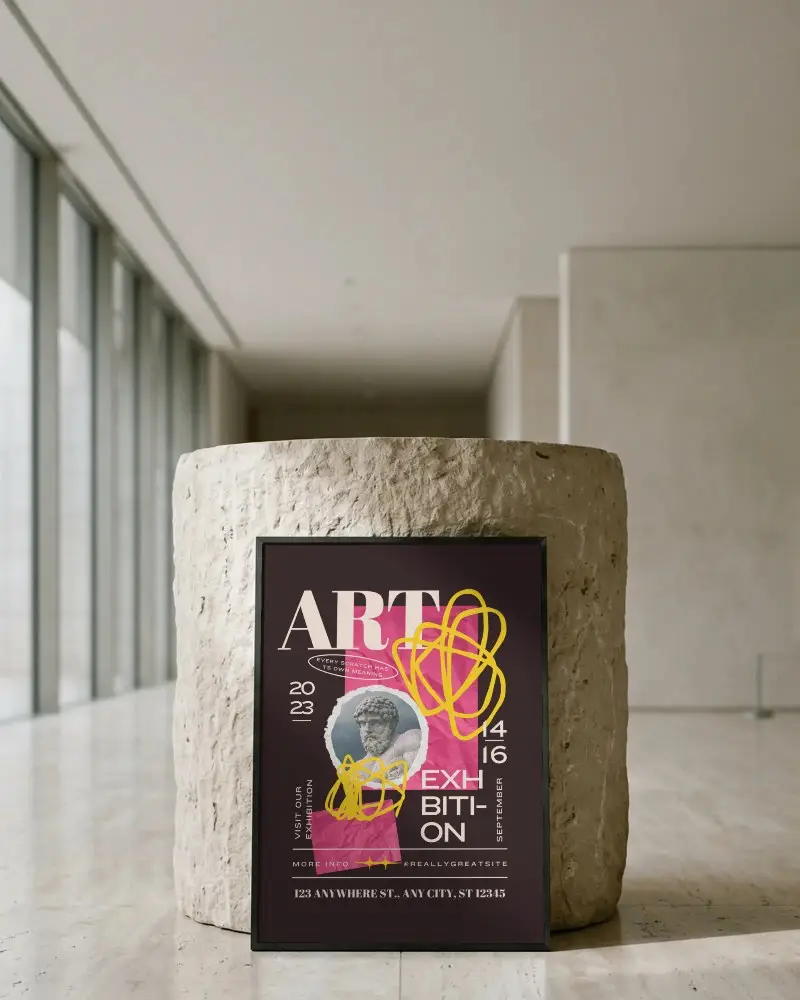 Minimal Modern Hallway Poster Frame Mockup Leaning Against Stone Pedestal