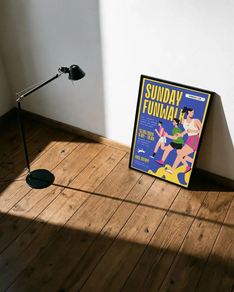 Sunlit Wooden Floor Poster Mockup With Modern Floor Lamp And Soft Light
