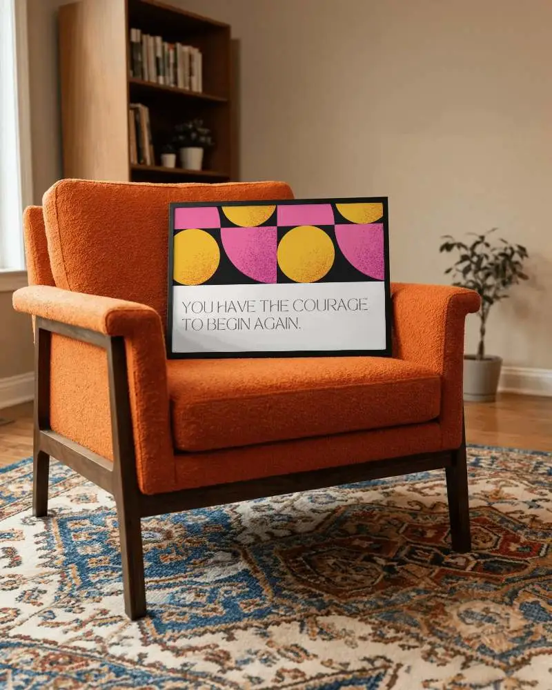 Cozy Living Room Poster Mockup Resting On Armchair With Bookshelf Background
