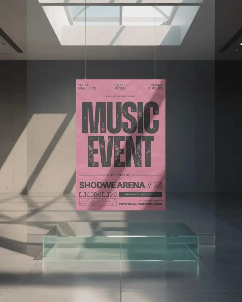 Minimalist Hanging Poster Mockup In Modern Art Gallery With Glass Display Platform