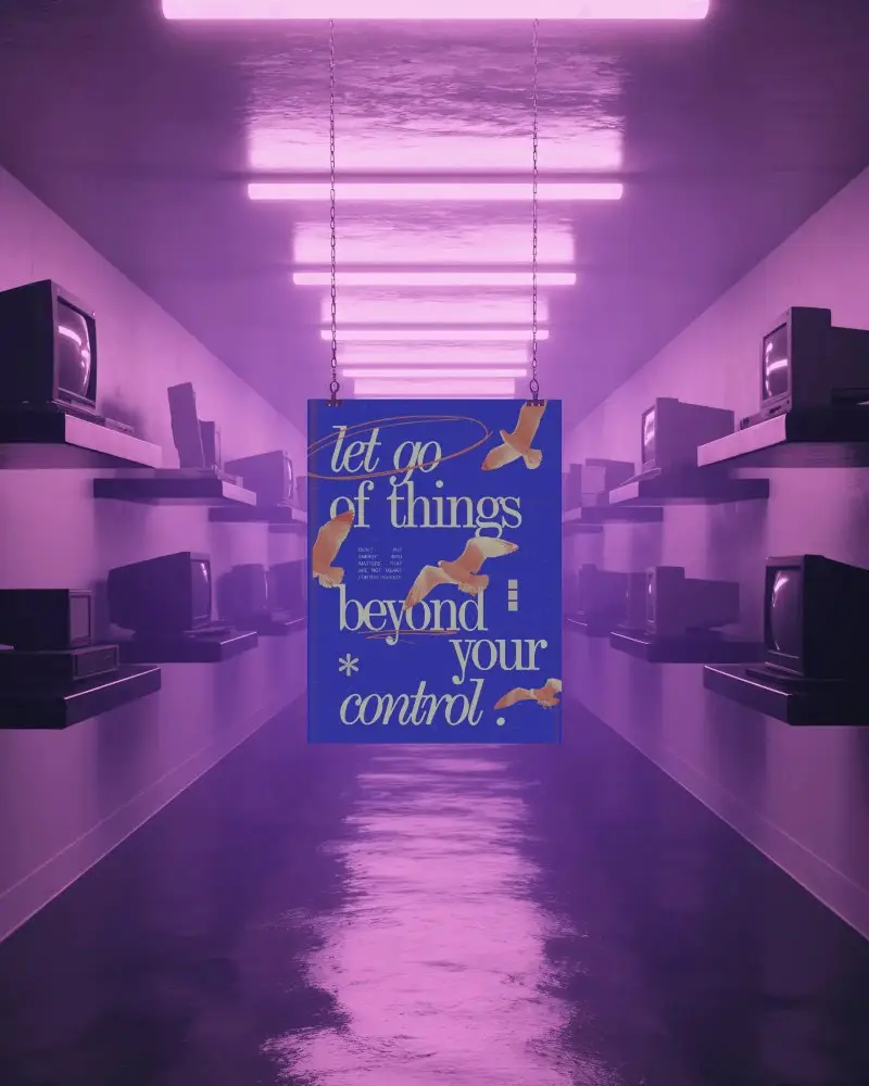 Hanging Poster Mockup In Vintage Tech Gallery Illuminated By Purple Neon Lighting