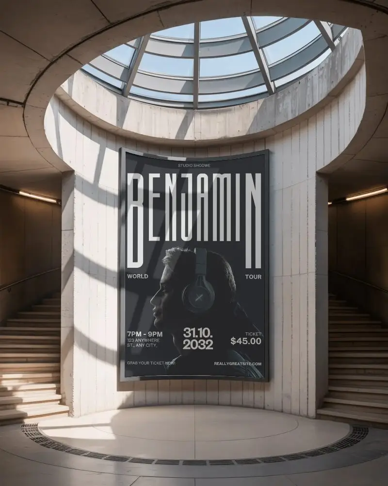 Modern Architecture Poster Mockup In Circular Hall With Curved Wall And Staircases
