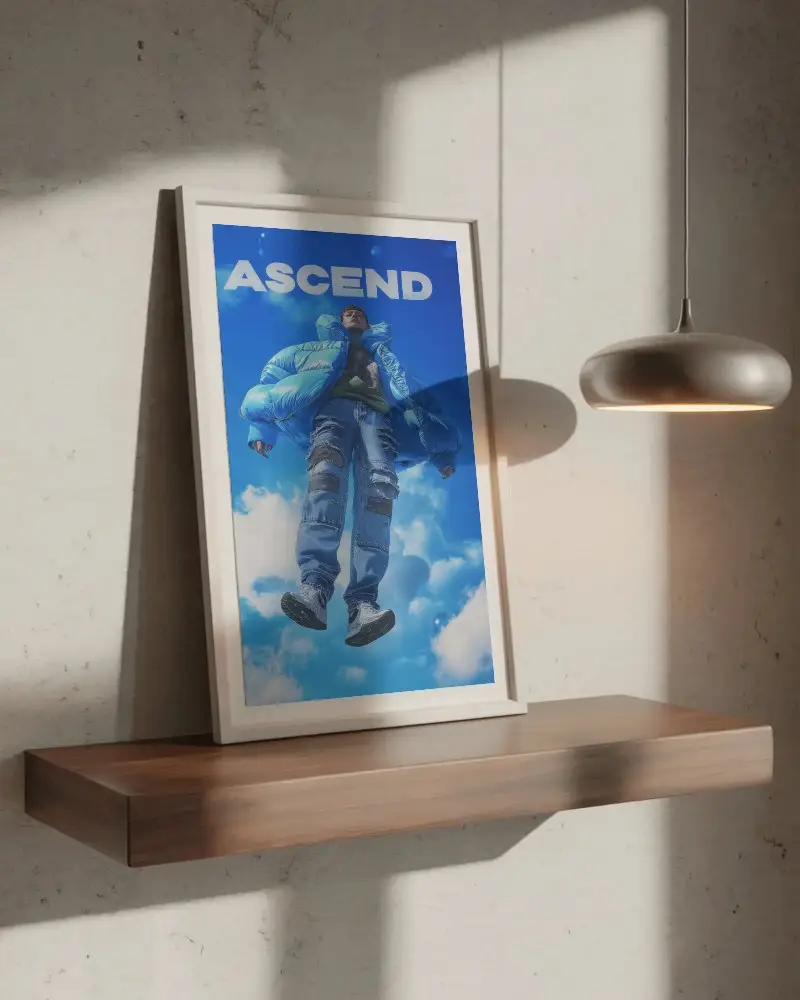 Modern Minimalist Poster Mockup Leaning On Wooden Shelf Next To Hanging Light