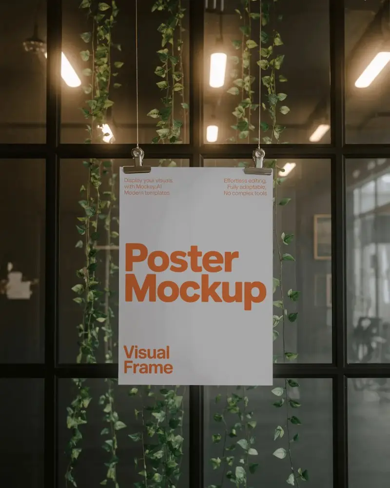 Modern Poster Mockup Hanging On Glass Window With Natural Indoor Plant Decorations