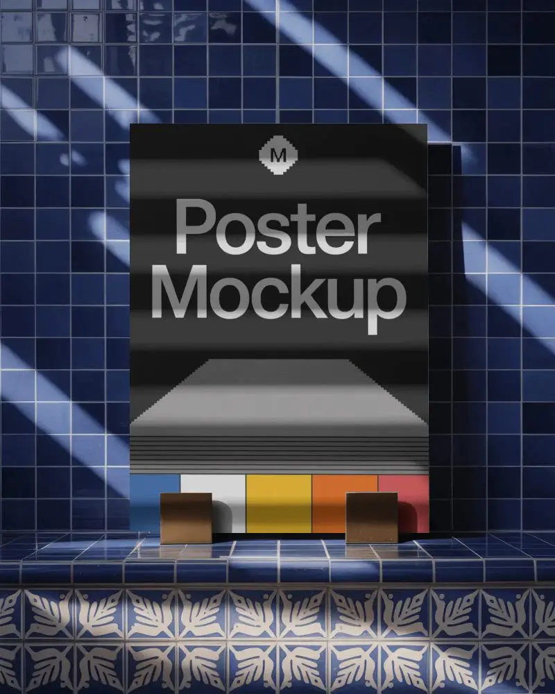 Minimalistic Poster Mockup With Square Tile Background And Contrasting Light Shadow Effects