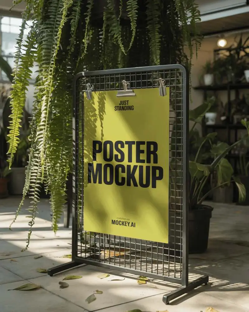 Freestanding Poster Mockup With Wireframe Grid And Clip Hanging System For Design Showcase