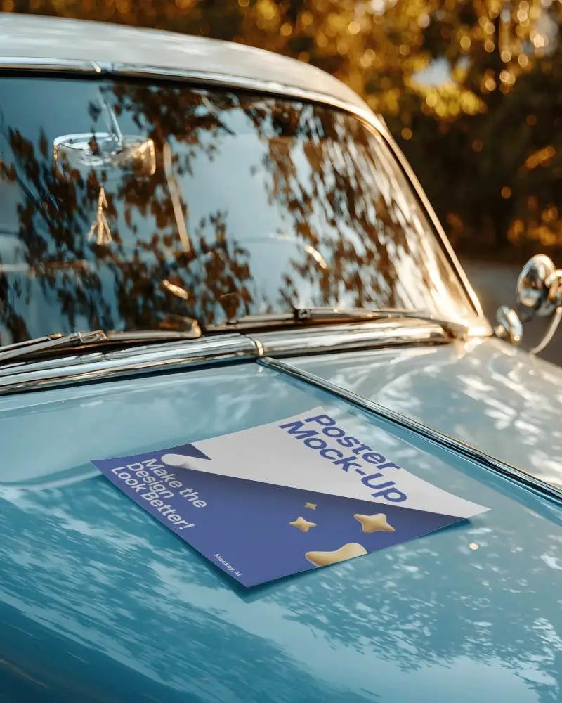 Vintage Car Hood Paper Poster Mockup Outdoor Sunny Environment Reflective Surface