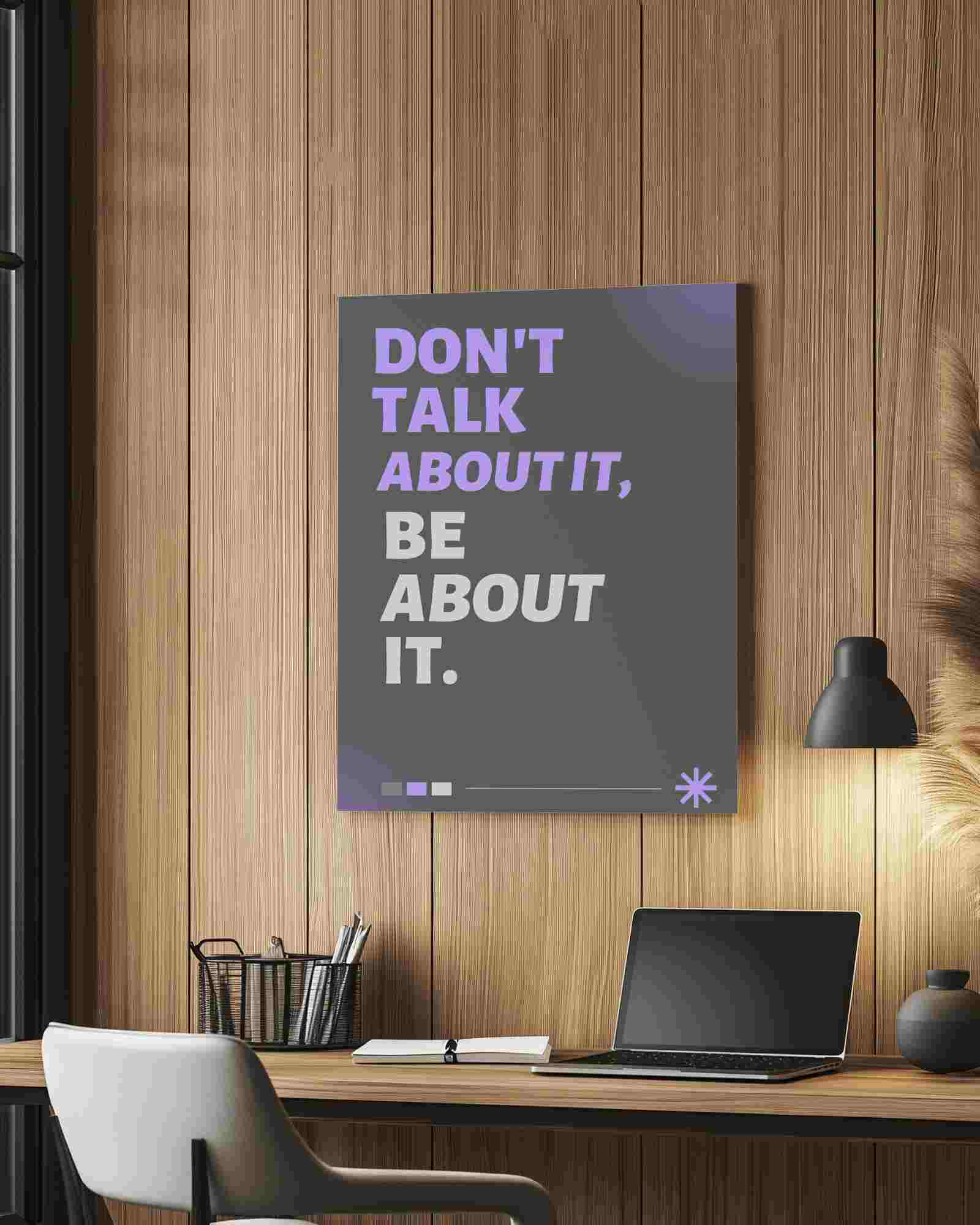 Cozy Wooden Wall Poster Mockup Home Office Setup With Lamp And Stationery