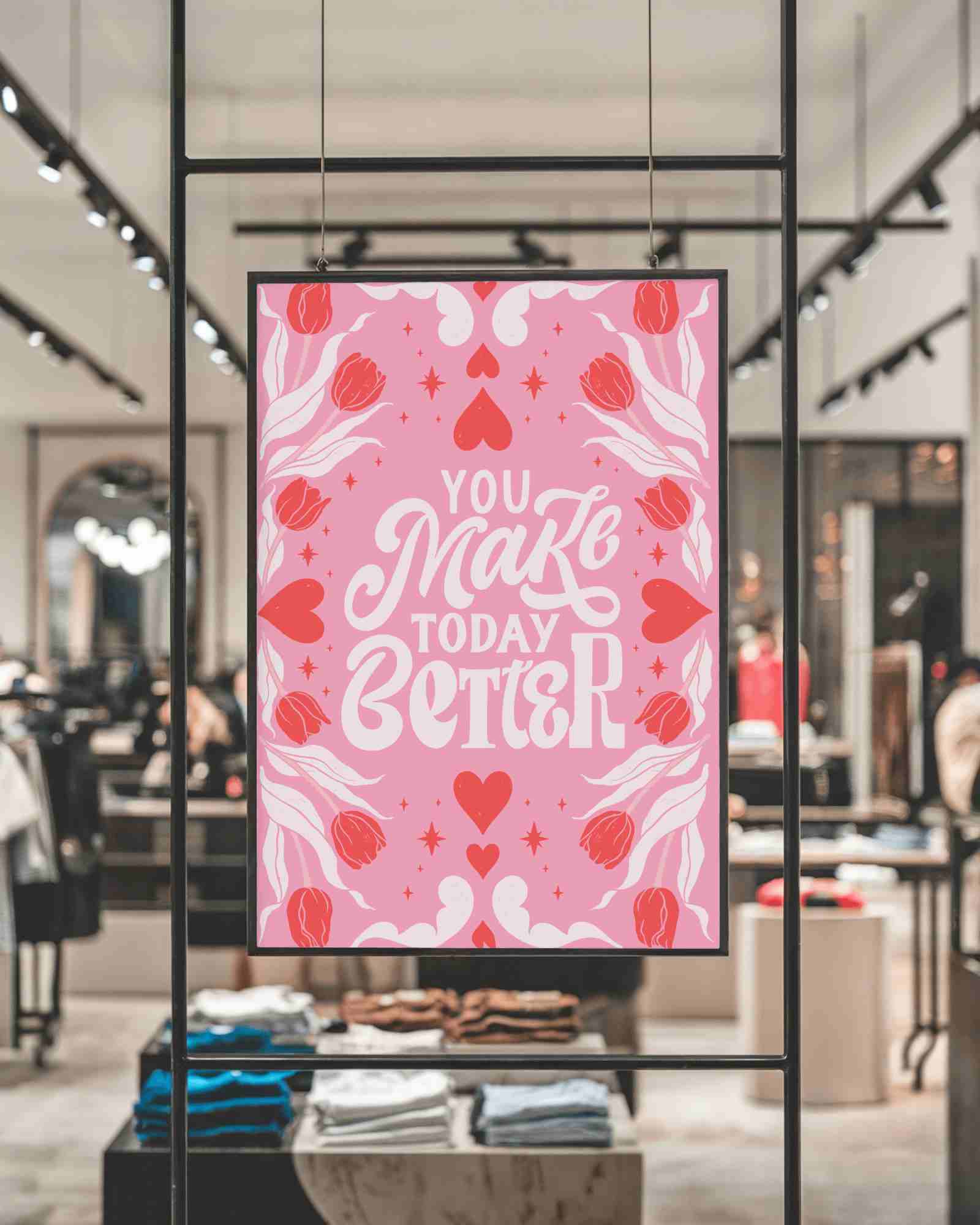 Clothing Store Poster Mockup Modern Interior With Apparel Display And Stylish Lighting