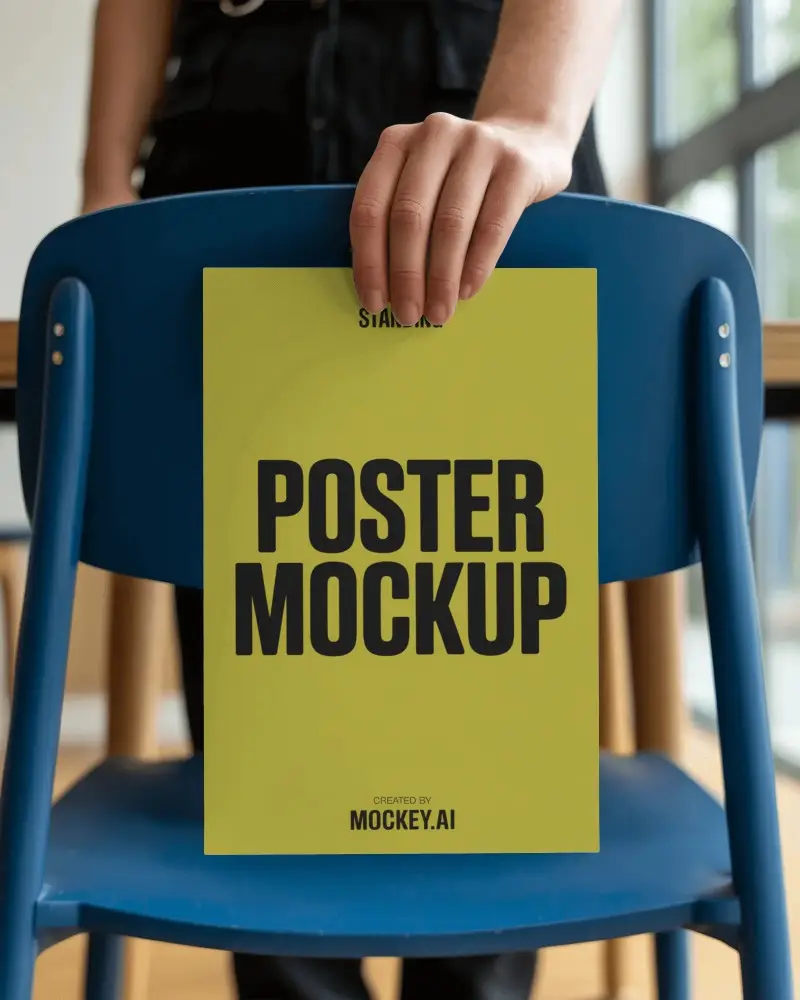 Hand Holding Minimalist Poster Mockup On Blue Chair Inside Modern Interior Room