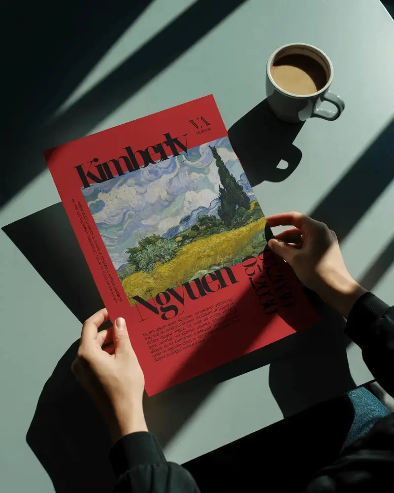 Hands Holding Blank Paper Poster Mockup On Table With Coffee Mockup For Design Preview