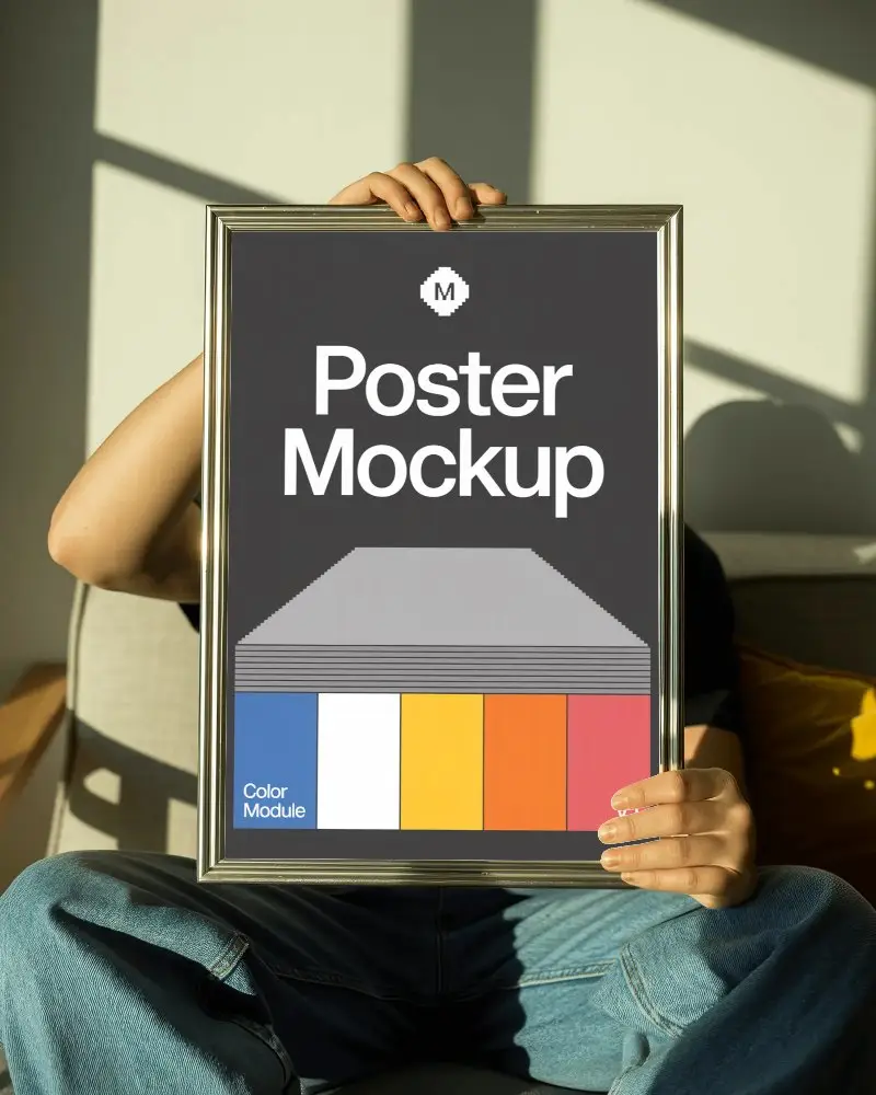 Modern Poster Mockup With White Space Held By Sitting Person For Advertising