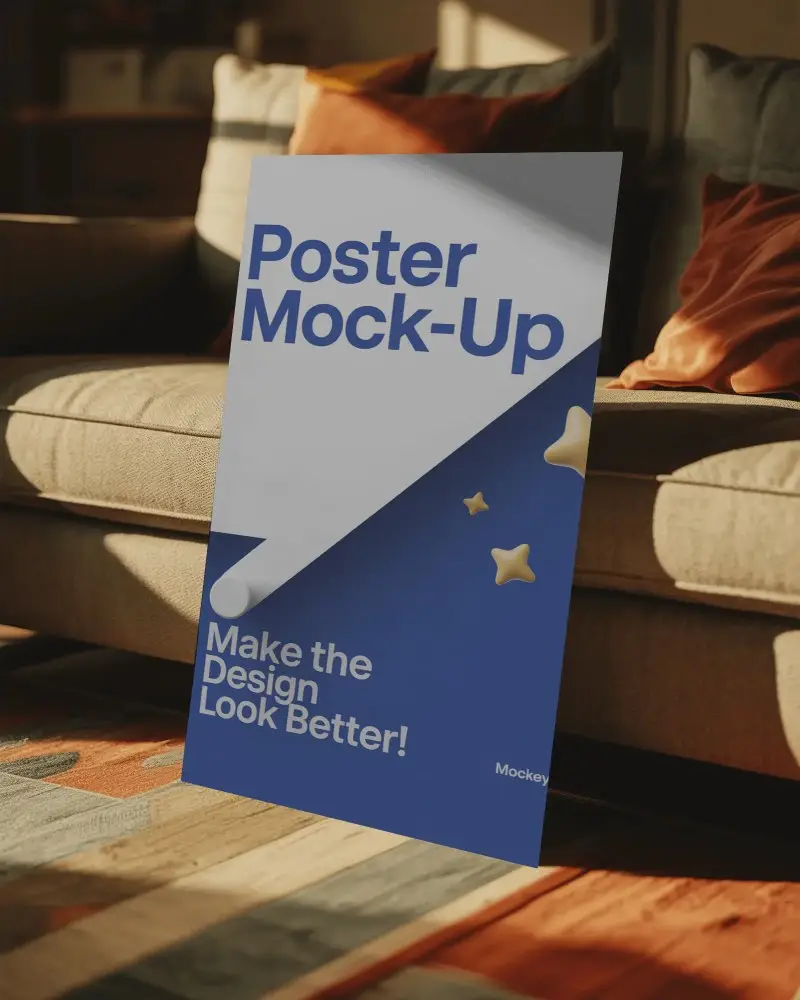 Modern Living Room Poster Mockup On Floor With Natural Light And Cozy Sofa Background