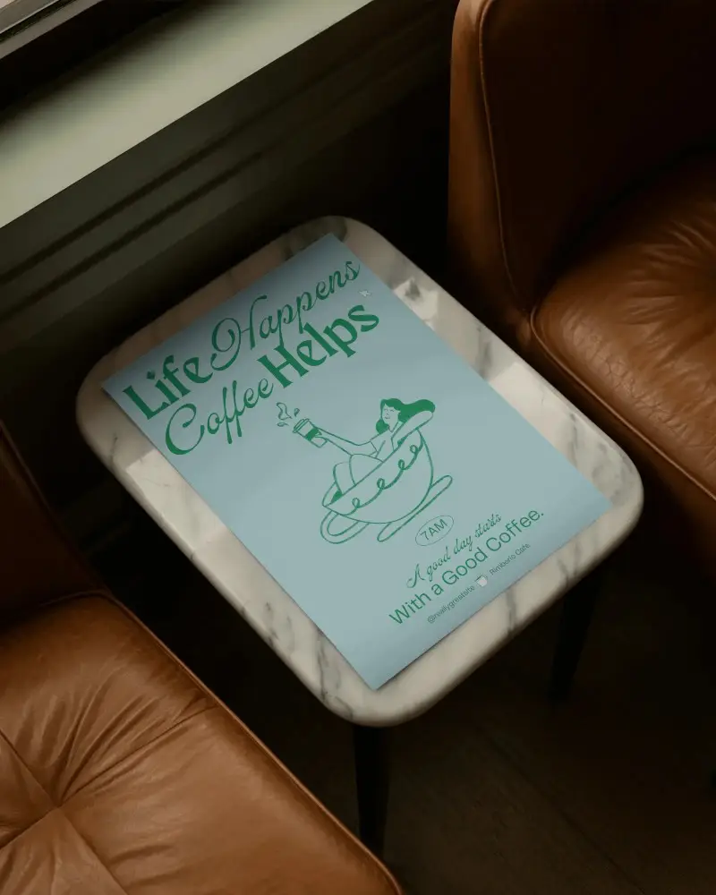 Minimalistic Poster Mockup Displayed On Marble Side Table Between Modern Sofas In Stylish Room