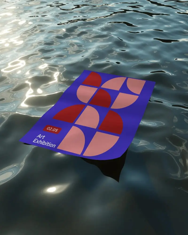 Paper Poster Mockup Floating Over Glistening Water With Light Reflections And Texture