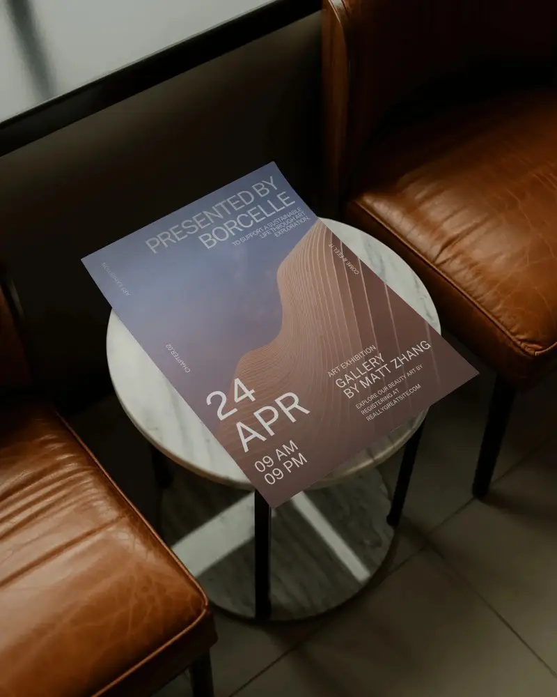 Modern Poster Mockup On Round Marble Table Between Leather Chairs Room Interior