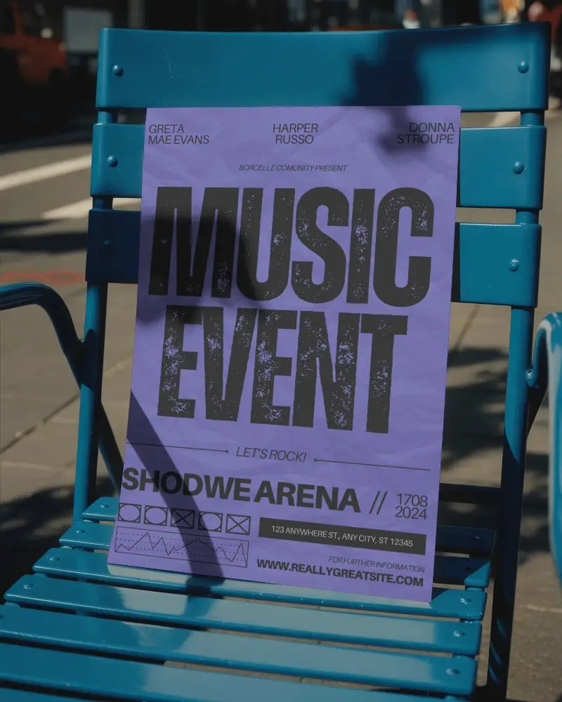 Urban Poster Mockup On Metal Chair Outdoor Street Environment Template Design Display