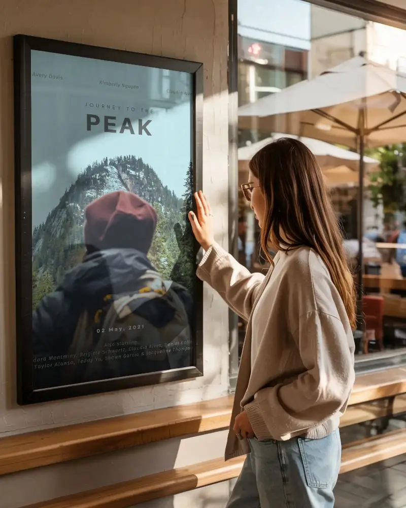 Woman Standing Near Hanging Poster Mockup In Casual Outfit With Glasses