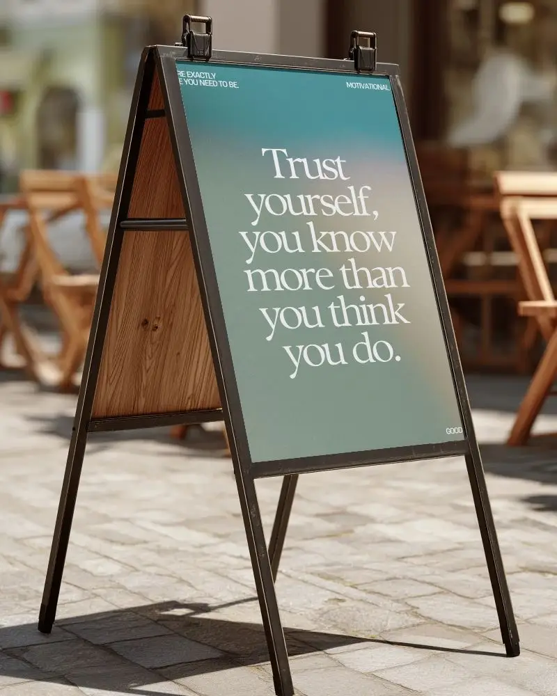 Blank Outdoor Poster Mockup Street Display Iron Frame Wood Panel Restaurant Sign