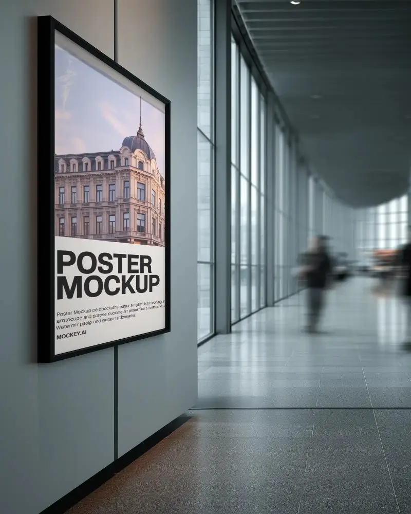 Modern Minimalist Poster Mockup In Contemporary Office Hallway For Marketing Or Advertising