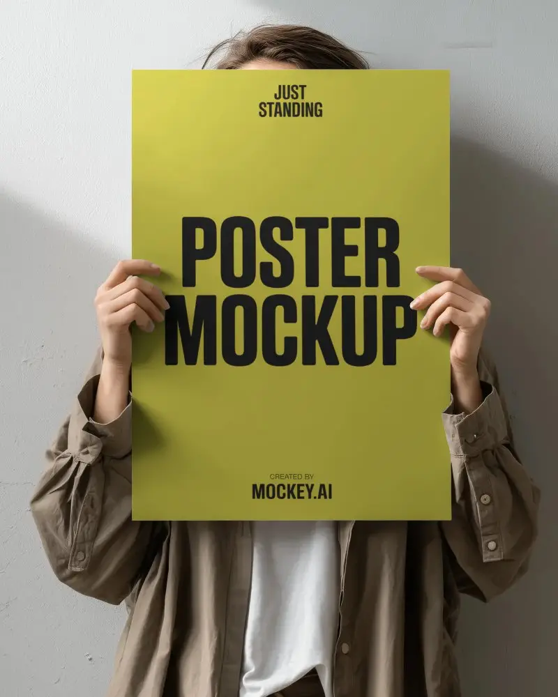 Realistic Person Holding Large Blank Poster Mockup For Custom Graphic Design Presentation